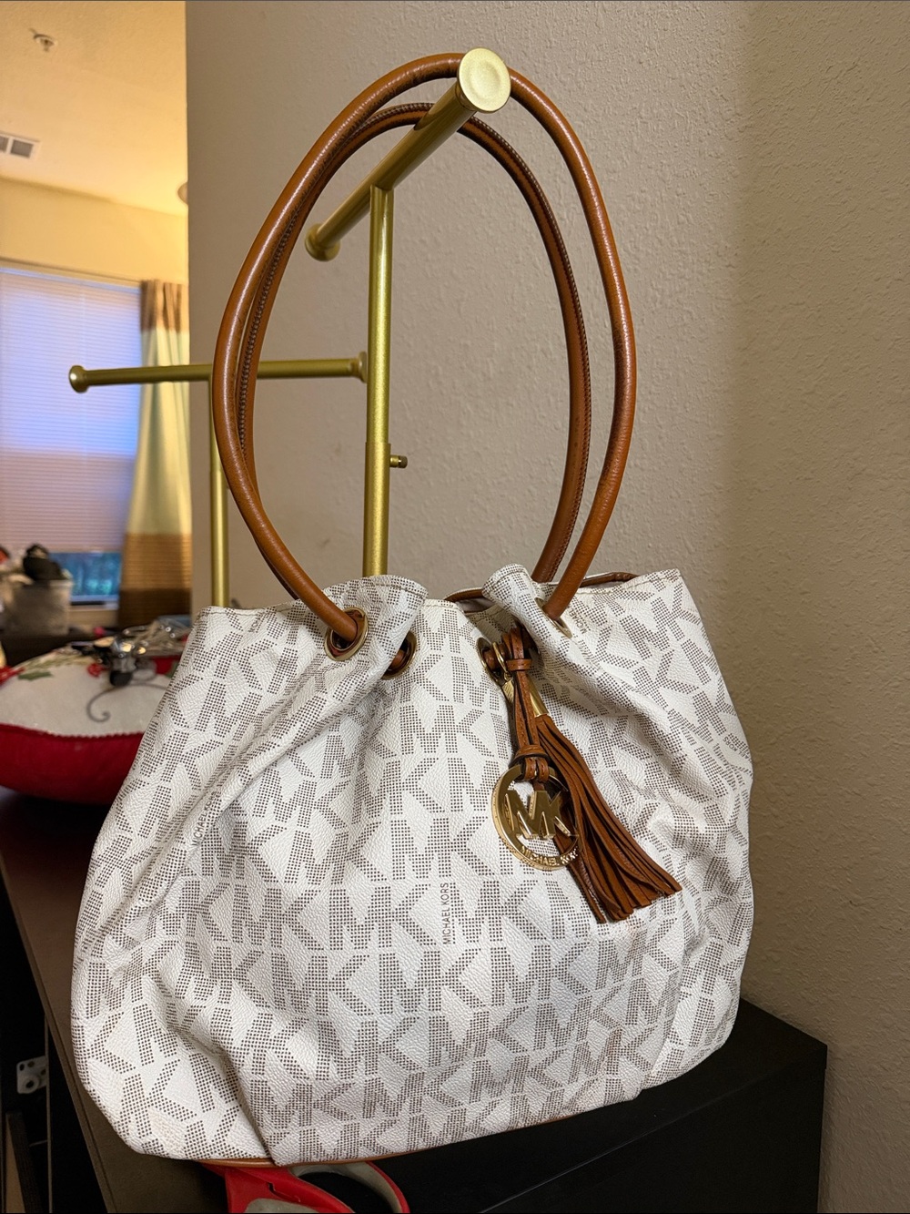 Michael Kors White MK Monogram Drawstring Shoulder Bag with Brown Handles